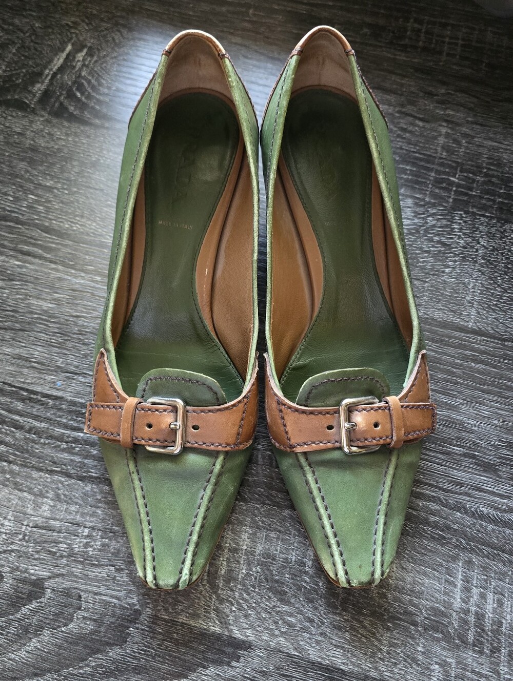 Prada Vintage Green Buckle Heels